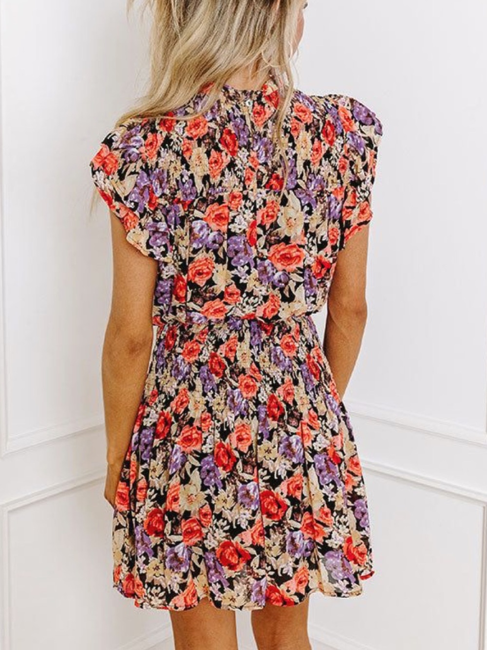 entro Floral Smocked Dress in Coral, Lavender & Black - Picture 4 of 4